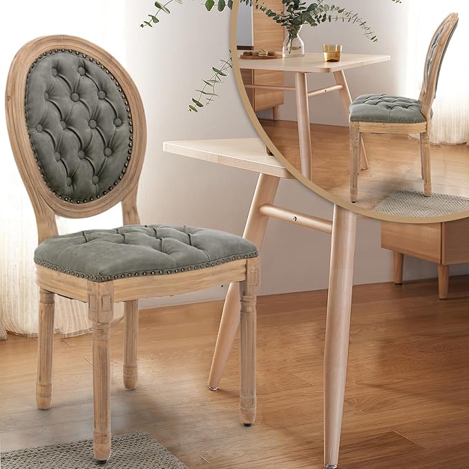 PU Leather Upholstered Dining Chairs Set of 4 French Country Round Back Kitchen Side Chairs with Nailhead Trim and Wood Legs for Dining Room, Kitchen, Restaurant(Pine Green)