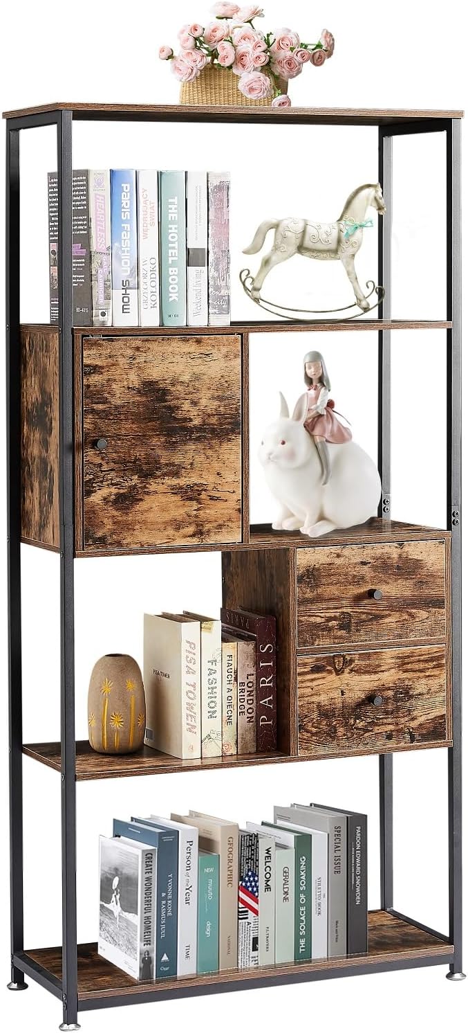 VECELO 5-Tier Bookshelf,Bookcase with Drawers and Cabinet,62"x 31"x...