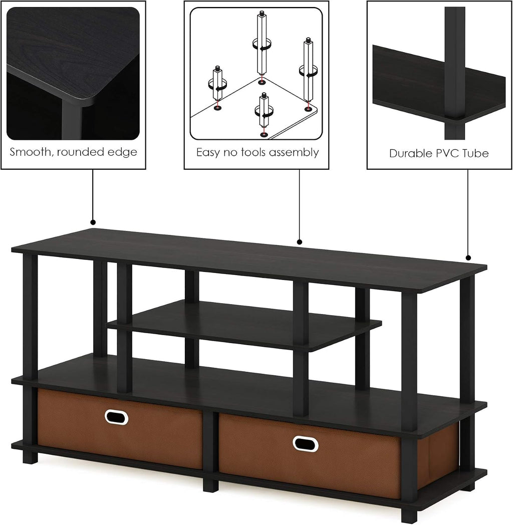 Furinno Jaya Toolless Assembly TV Stand for TV up to 55 Inch, 4-Tier Entertainment Center, TV Console with 2 Storage Bins, for Living Room, Bedroom, Home Office, Black Espresso