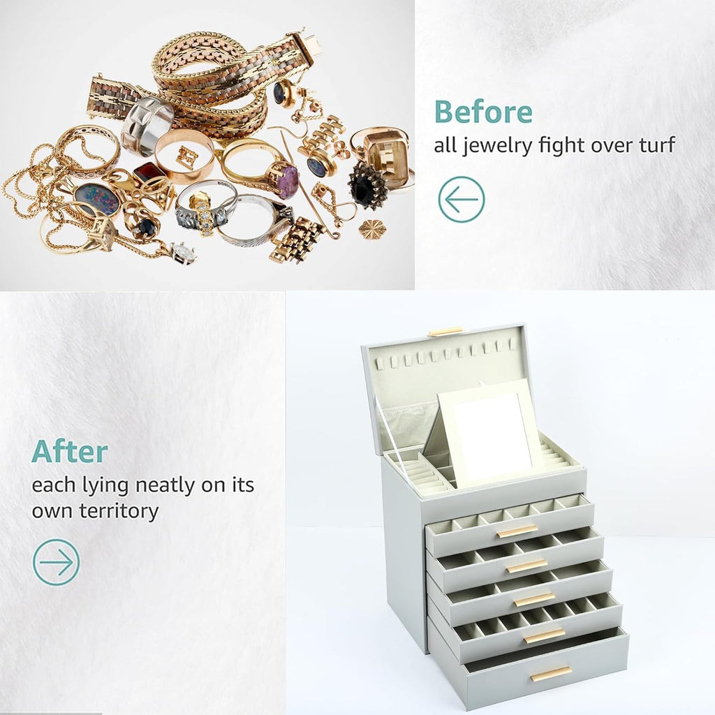BOOVO Jewelry Box with Necklace Hanger – 6 layer Jewelry Organizer for Women with 5 Drawers, Large Jewelry Storage Boxes –Jewelry Organizers and Storage for Earrings, Necklaces (Grey, 6 layer)