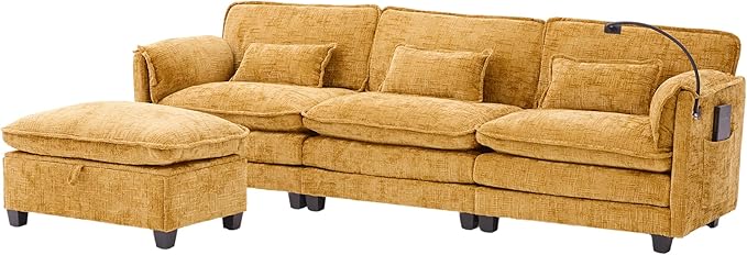 Ball & Cast Modular L Shaped Sectional Sofa,Comfy Cloud Couch W/Movable Storage Ottoman,4 Seater Sectional Sofa W/USB Charging Port,Phone Holder&Side Pocke,Chenille Fabric,for Living Room,Yellow,109"