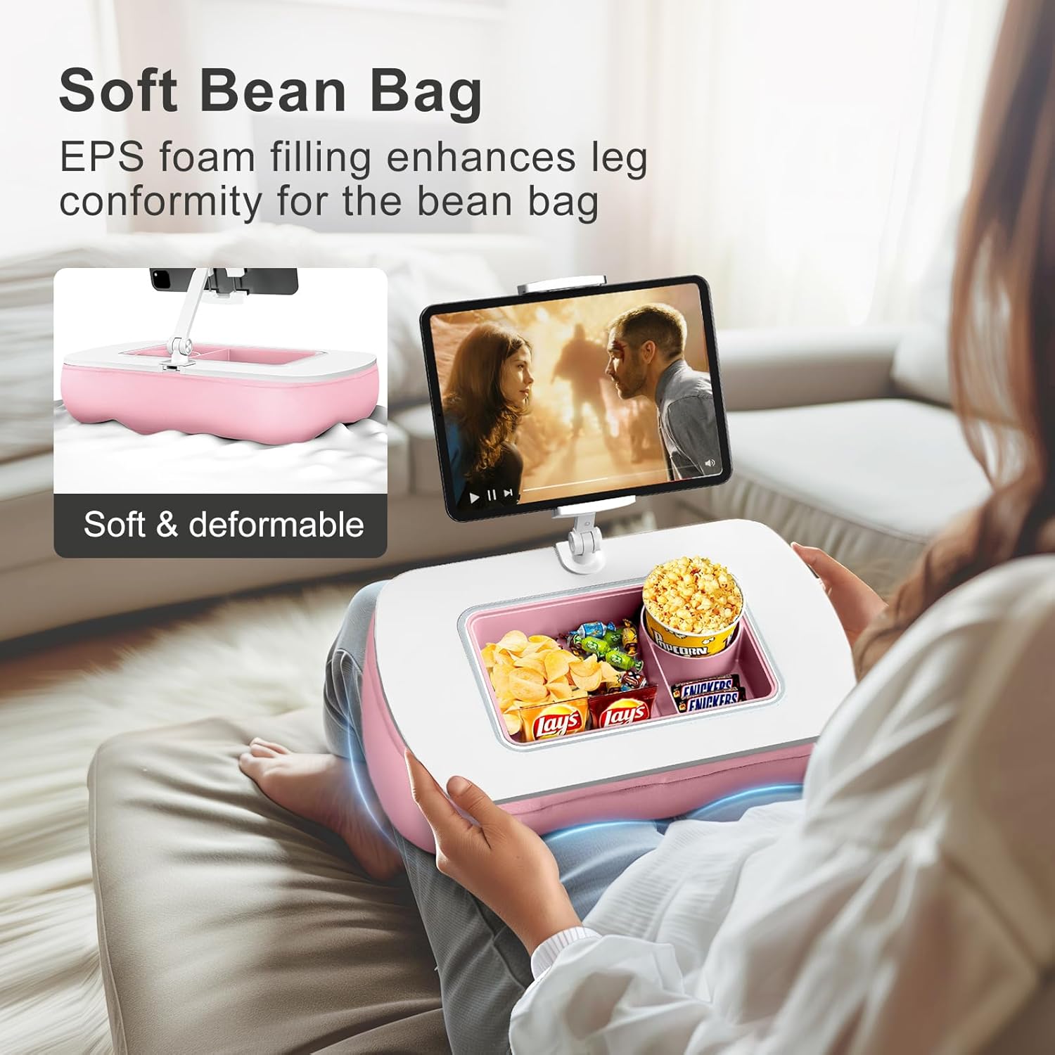 Lap Beanbag Tablet Pillow Stand with Snack Bowl and 360° Rotating Arm, Adjustable iPad Holder for Bed, Couch, and Recliner, Compatible with 4.7"-13" Kindle, iPad, Tablet, Phone,Pink