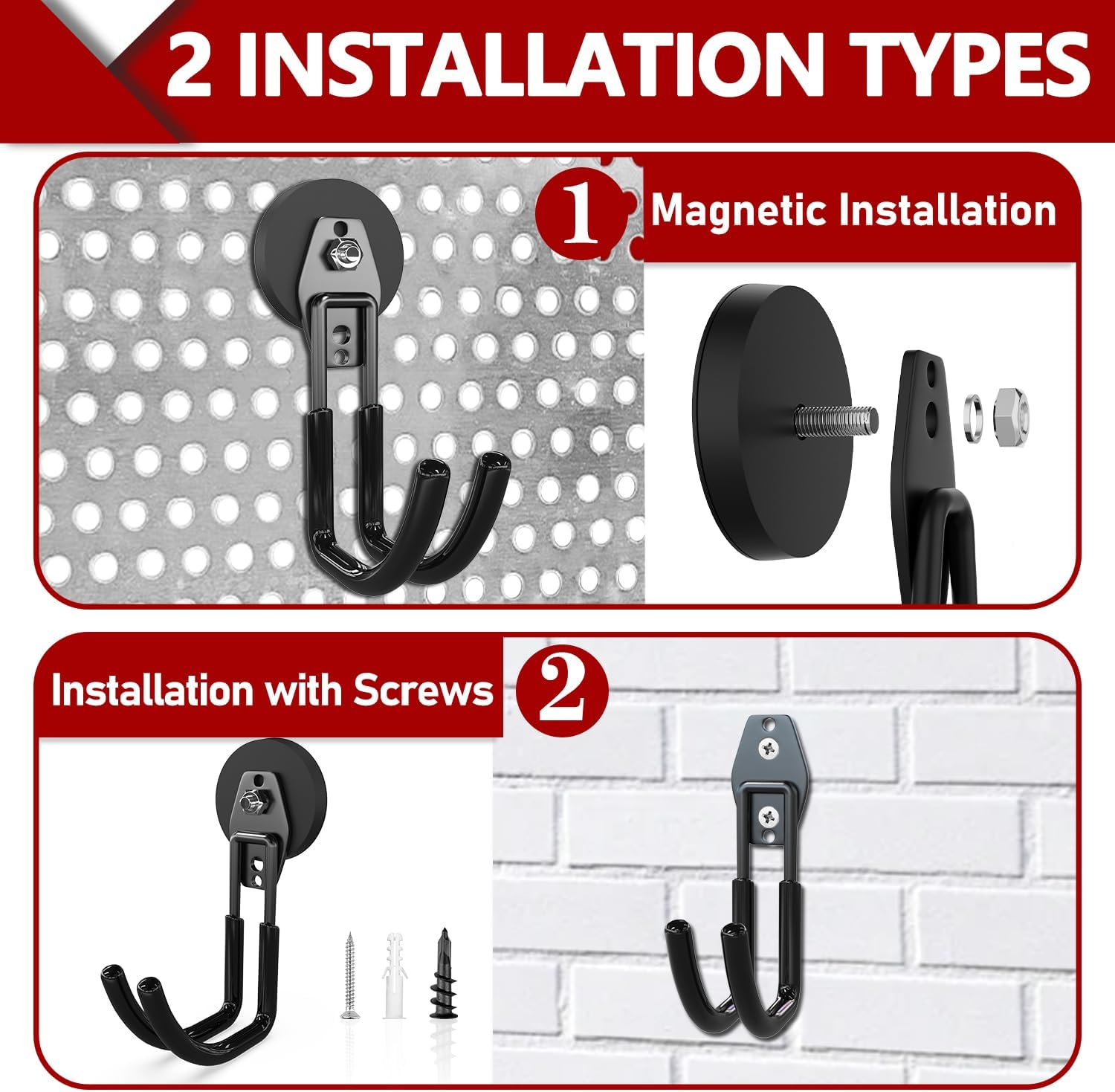 3-H Heavy Duty Magnet Garage Hooks 2 Pack, J Shape Strong Magnetic Hooks for Hanging Cordless Power Drill, Utility Magnetic Tool Holder for Metal Cabinet, Steel Pegboard, Toolbox, Garage(Black)