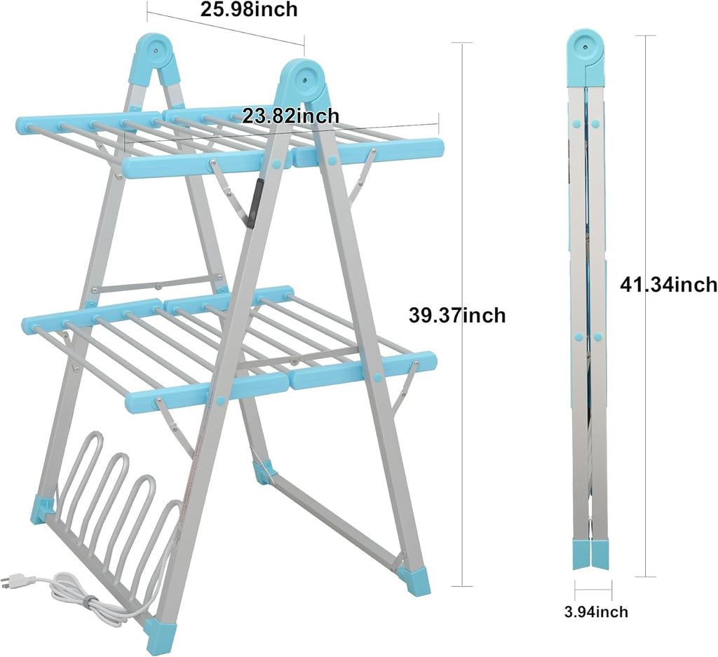 Electric Heated Clothes Drying Rack,Foldable Heated Garment Dryer with Timer Shut-Off Laundry Rack for Clothes Shoes Socks,Aluminum Alloy,Blue,Plug & Play,(39.37x25.98x23.82in)