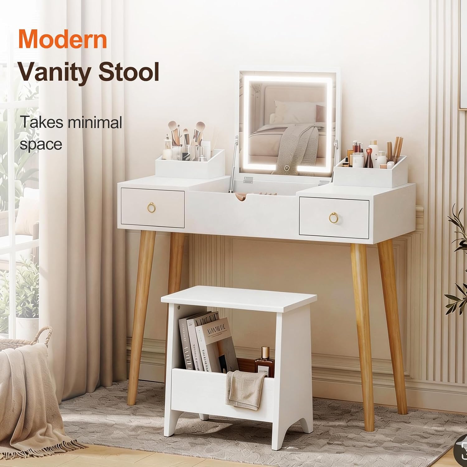 King Oasis Small Storage Stool with Flat Top, 15.7" Modern Footstool Ottoman for Living Room & Bedroom, Narrow Shoe Bench/Side Table for Entryway, Bathroom, Bedroom and Small Spaces, White