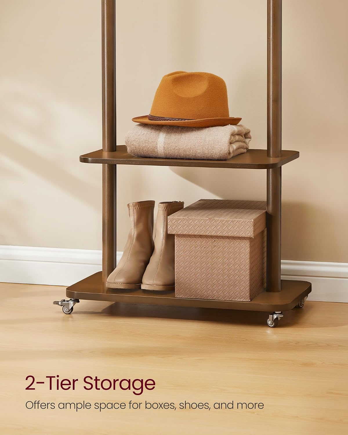 VASAGLE Freestanding Coat Rack Stand with 7 Hooks, 2 Shelves, 4 Removable 360° Swivel Wheels, Wooden Hooks and Pole, for Entryway, Bedroom, Living Room, Walnut Brown URCR053KJ01
