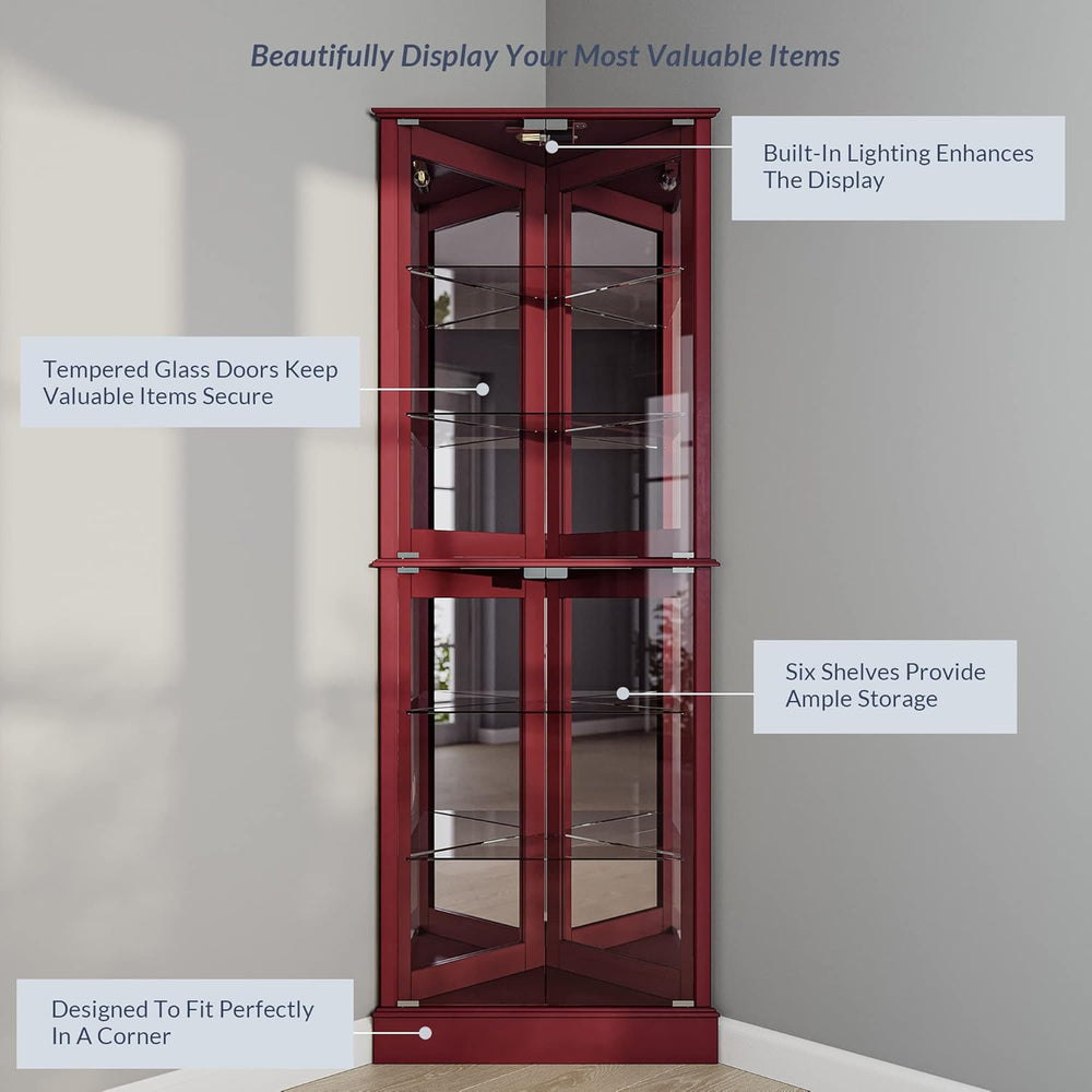 BELLEZE Lighted Corner Display Curio Cabinet Wooden Shelving Unit with Temper...
