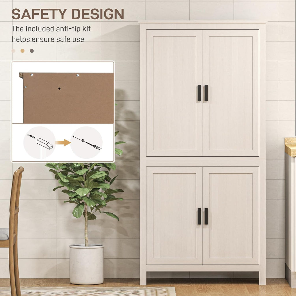 HOMCOM 64" Kitchen Pantry Cabinet Freestanding with 4 Doors Antique White | Storage Cabinet, 3 Adjustable Shelves, for Dining Room