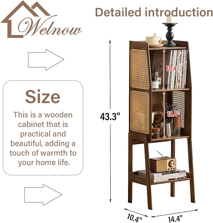 Welnow Bamboo Rattan Bookcase with Cabinet, 2-Tier Storage Shelf with Side Table & End Table Function, Large Modern Wood Organizer for Living Room or Bedroom, Walnut Bookshelf