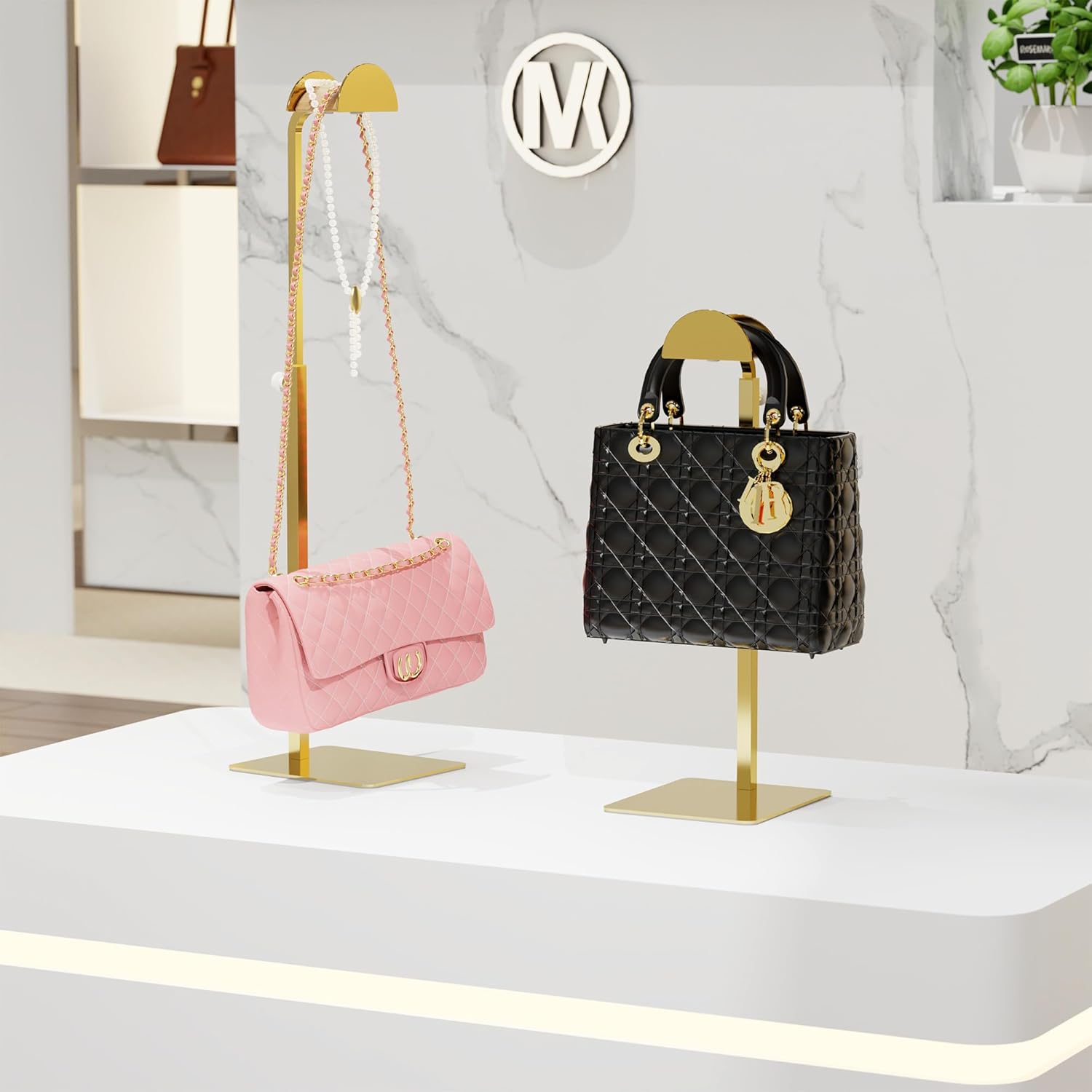 1 Pack Purse Display Stand, Purse Holder Handbag Display Stand Metallic Gold Purse Hanger Showing Bags, Purses, and Wreath, Adjustable Hook Stand for Tabletop, Closet, Desk, and Retail Use