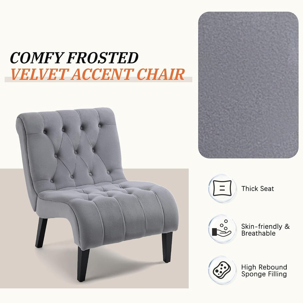AVAWING Armless Tufted Velvet Accent Chair with Wood Legs, Grey | Soft fade &...