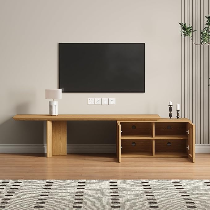 XEW Extendable TV Stand with Storage and Shelves, Wood Entertainment Center for 55+ Inch TV, Modern TV Console, Minimalist Media Console for Living Room, Bedroom-Wood (Extendable: 60.6"-84.3")