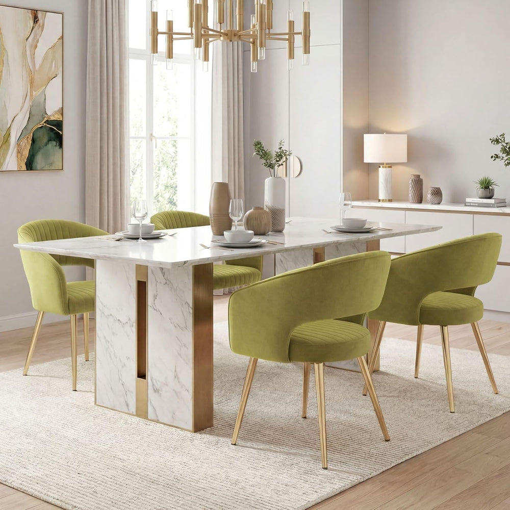 Hyfirm Green Velvet and Gold Dining Chairs, Set of 4 Modern Upholstered Arm C...