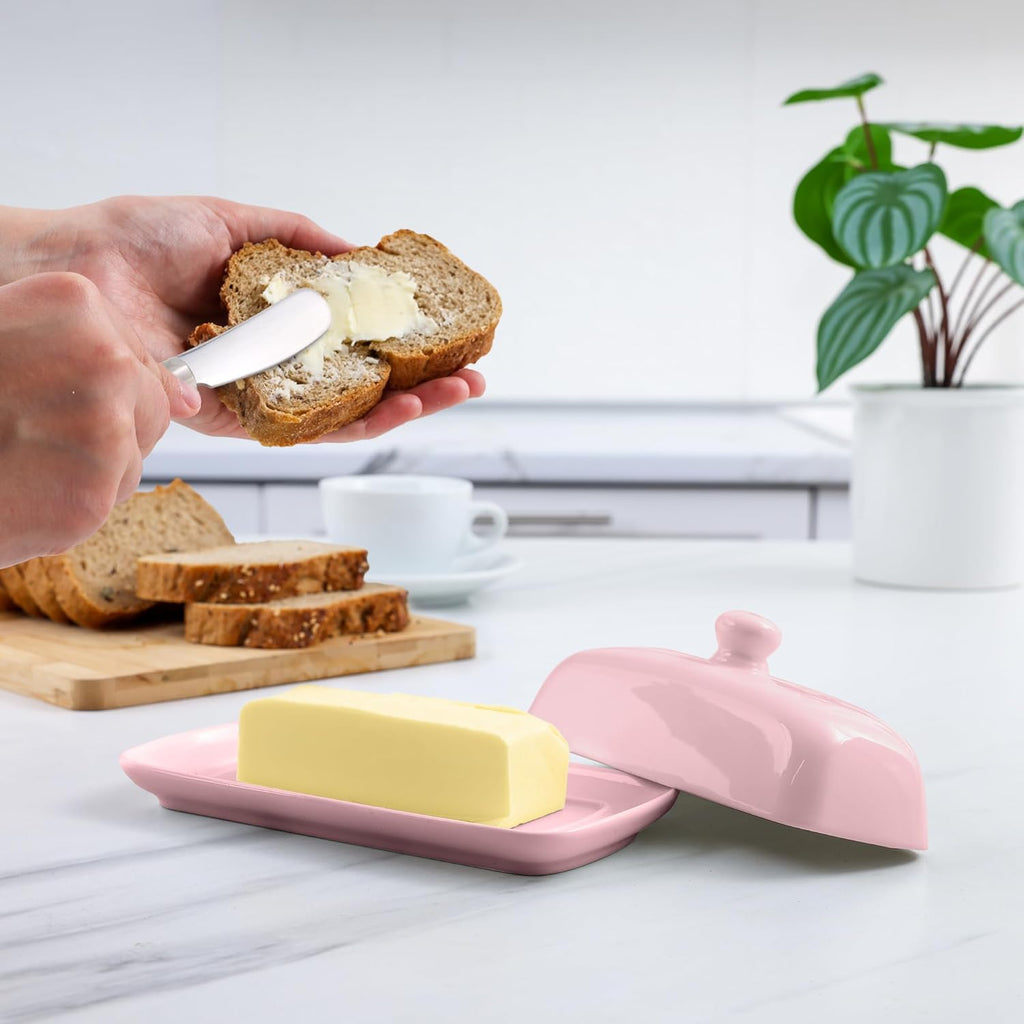 Zulay Butter Dish With Lid For Countertop - Porcelain White, Ceramic Butter Dish with Knob Handle Great for Cooking - Elegant Design Butter Holder - Durable & Sturdy Butter Keeper - Pink