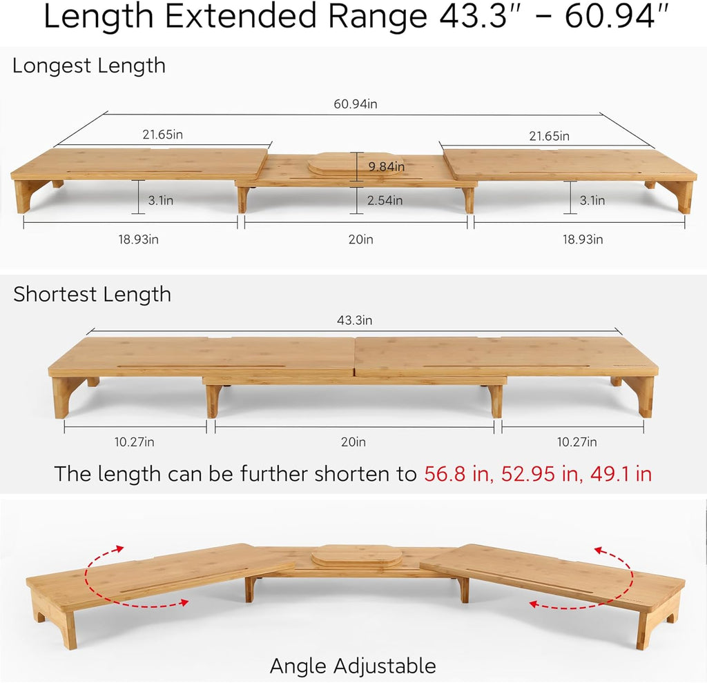 Nnewvante Monitor Stand Riser, 60 inch Large Bamboo Dual Monitor Stand for Desk, 3 Shelves Desktop Screen Riser with Adjustable Length Angle for Computer Laptop PC