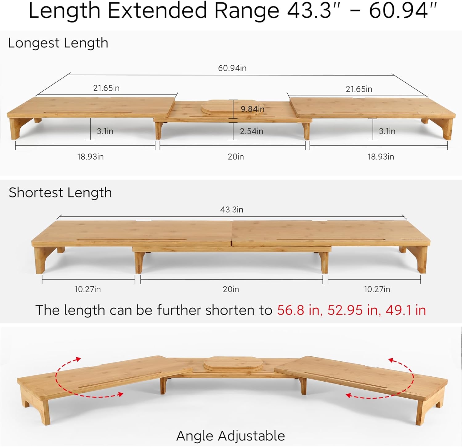Nnewvante Monitor Stand Riser, 60 inch Large Bamboo Dual Monitor Stand for Desk, 3 Shelves Desktop Screen Riser with Adjustable Length Angle for Computer Laptop PC