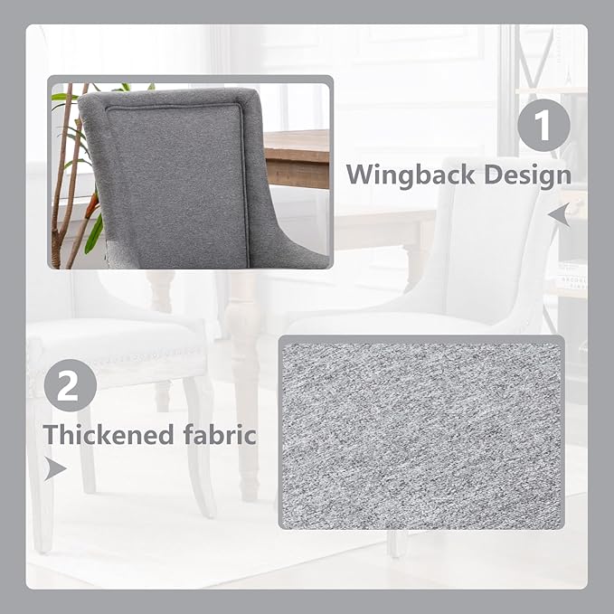 Modern Dining Chairs Set of 2, High Back Dining Chairs Side Chairs with Solid Wood Legs, Upholstered Fabric Dining Room Chairs for Dining Room Kitchen, Grey