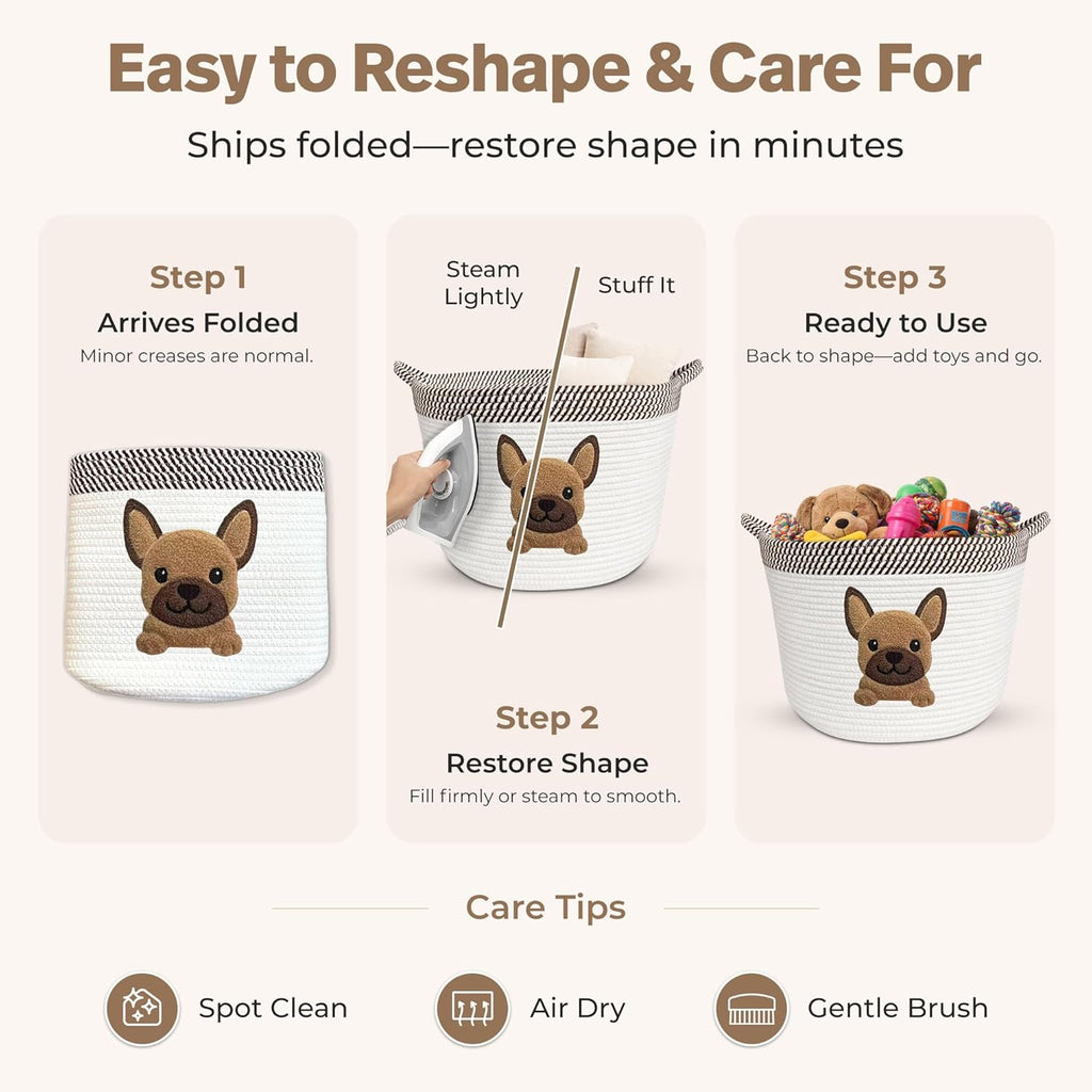 French Bulldog Dog Toy Basket, Pug and Boston Terrier, Cotton Rope Bin | Pet Toy Storage, Blanket and Leash Organizer, Soft Felt Puppy Patch, Dog Mom Gift, Living Room and Crate Side Bin, Spot Clean