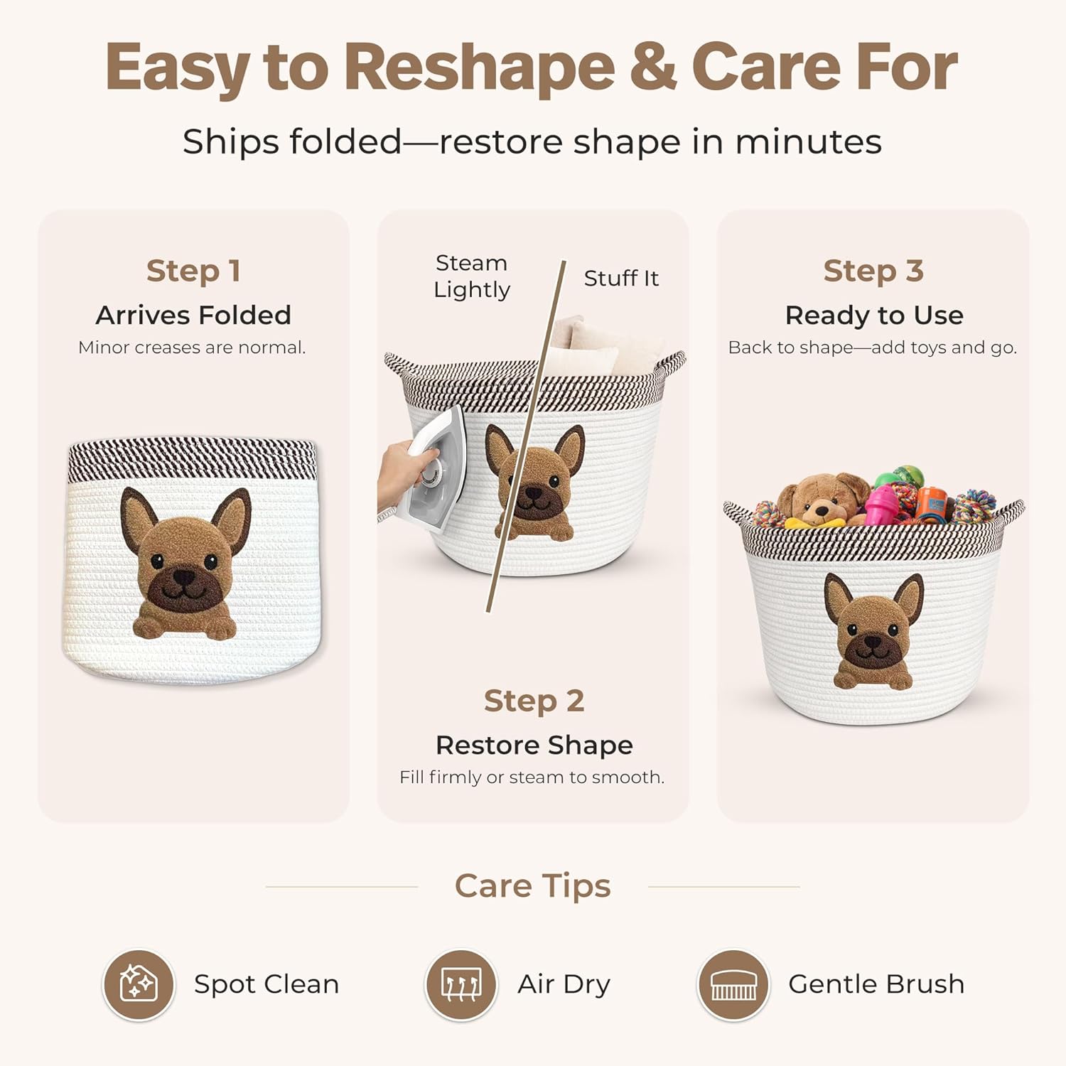 French Bulldog Dog Toy Basket, Pug and Boston Terrier, Cotton Rope Bin | Pet Toy Storage, Blanket and Leash Organizer, Soft Felt Puppy Patch, Dog Mom Gift, Living Room and Crate Side Bin, Spot Clean