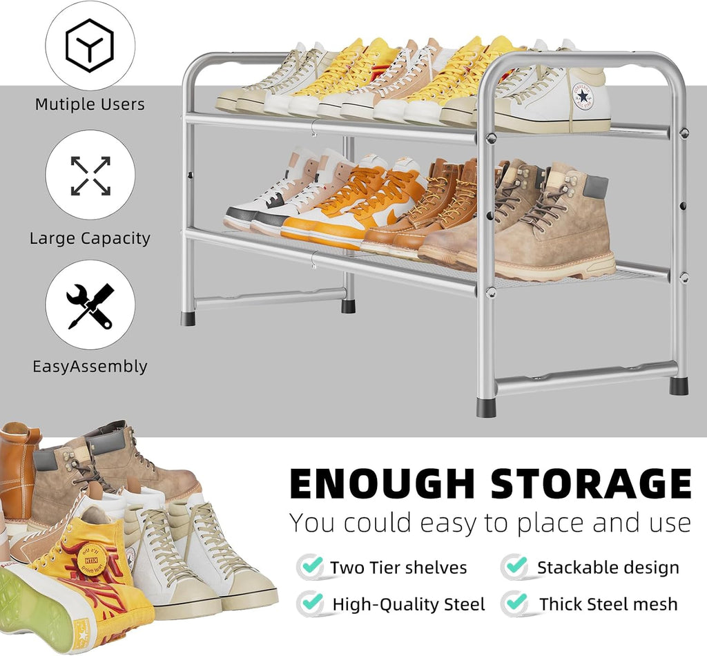 SUFAUY 2 Tier Mesh Shoe Rack, Closet Metal 33" Wide Shoe Shelf Heavy Duty, Grey