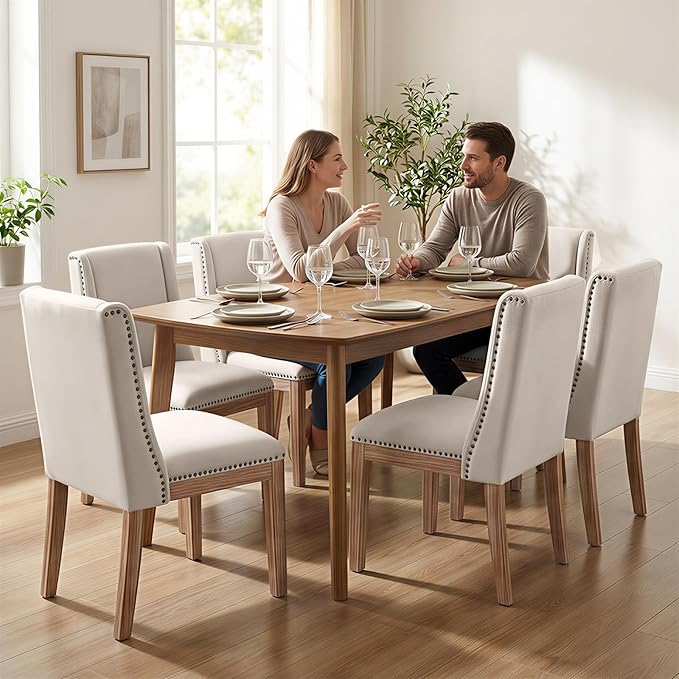 Dining Chair Set of 6, Fabric Upholstered Kitchen Side Chairs with Wooden Legs for Kitchen & Restaurant Use, Beige