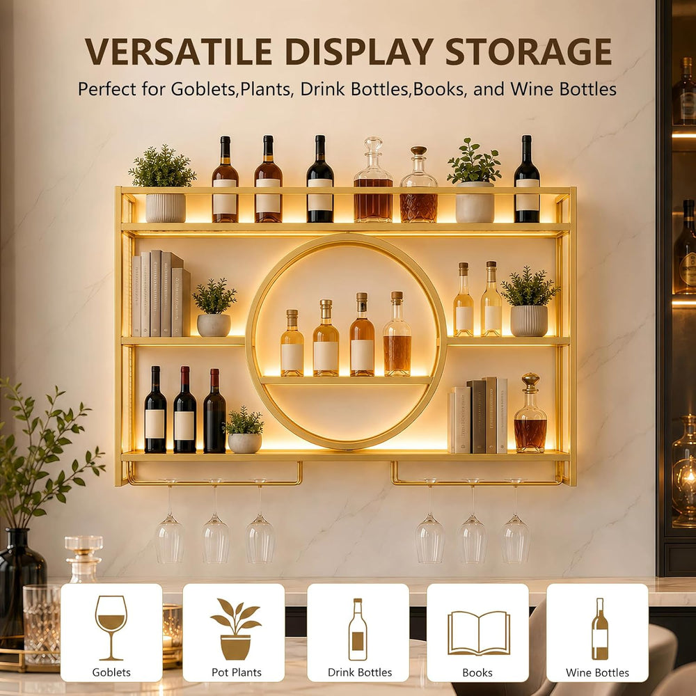 Wine Rack Wall Mounted with LED Lights - with Glass Holder, Gold | 3 Tier Met...