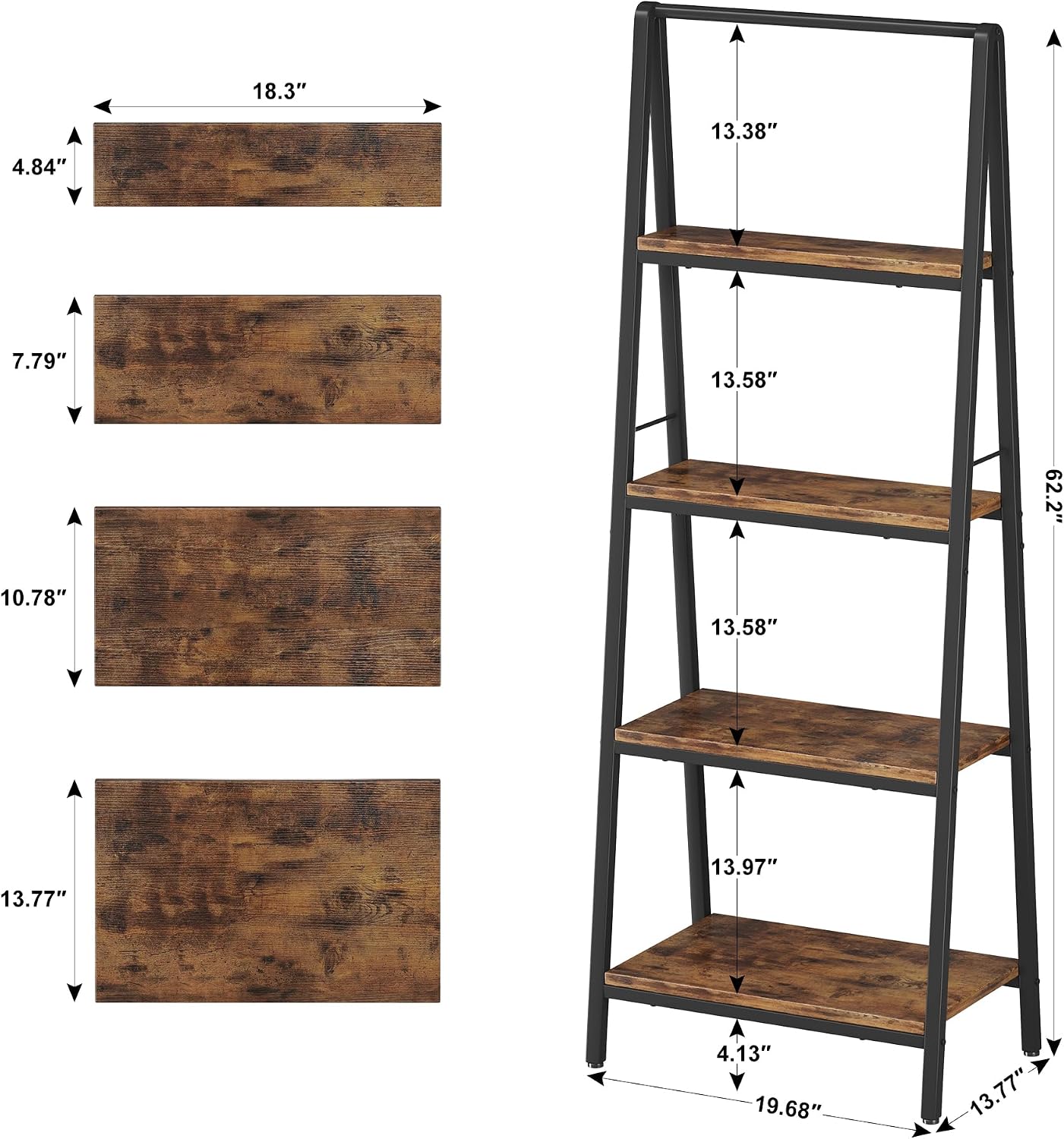 Homeiju Ladder Shelf, 4-Tier Leaning Ladder Bookshelf, Rustic and Wood Ladder Shelf Bookcase, Industrial Ladder Shelf Storage Rack for Home Office, Bedroom, Bathroom or Kitchen