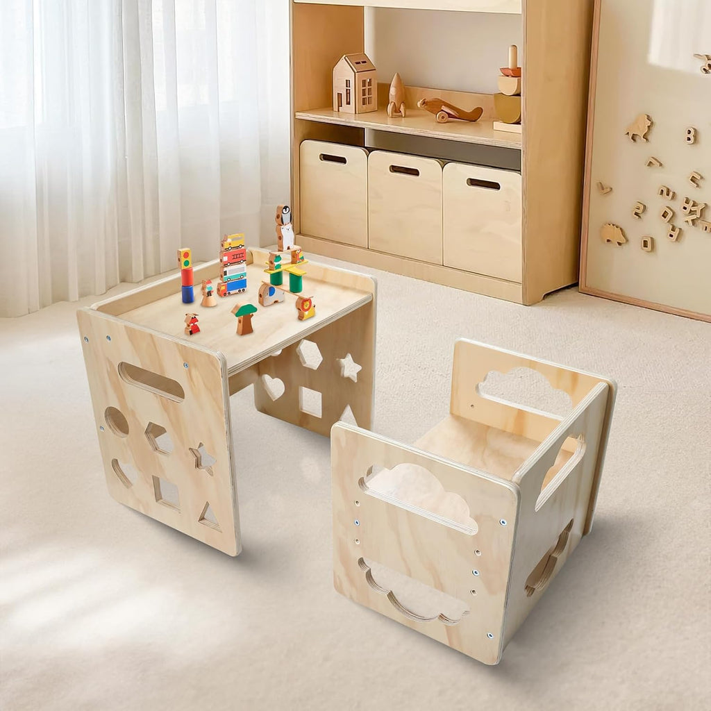 Montessori Table and Chair Set, Toddler Table and Chair Set, for 1-3 Kids | Wooden, Adjustable Chair, with Blackboard, Kids Table and Chairs Furniture, for Eating, Drawing, Reading, Play