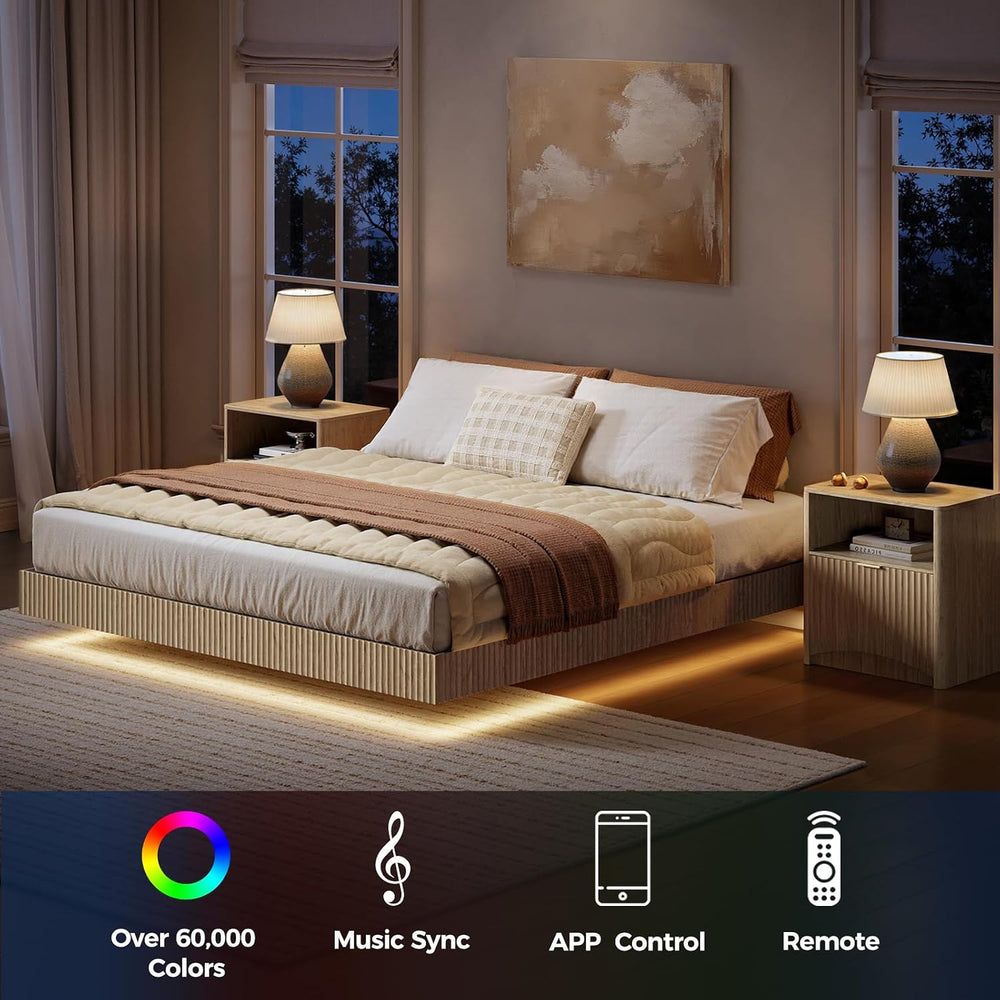 Evermagin King Bedroom Set, Fluted Floating Bed Frame & Nightstands, Oak