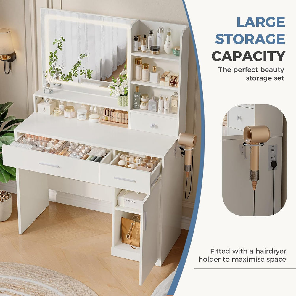 DUMOS Makeup Vanity Desk with Mirror and Lights, Storage Shelves | Power Outl...