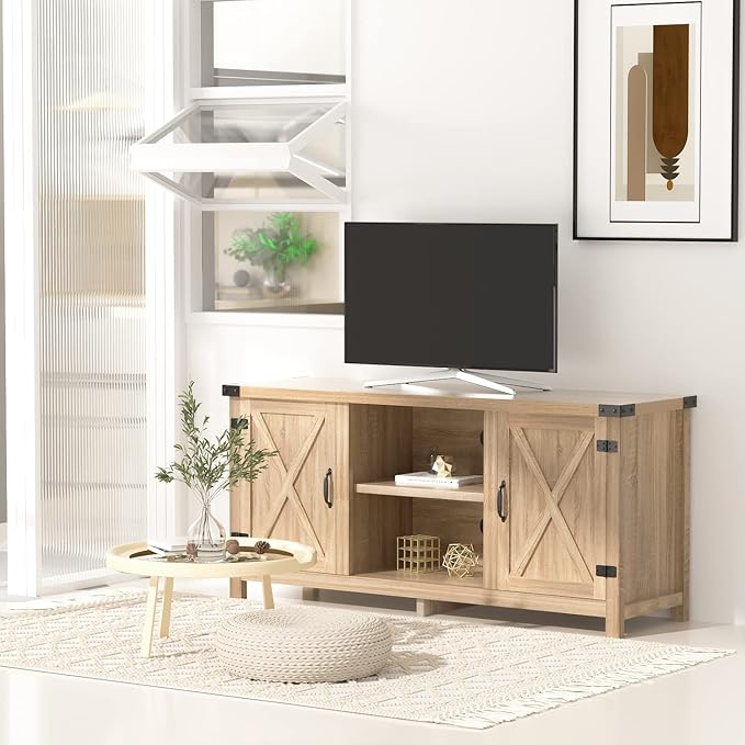JUMMICO TV Stand, 65 Inch TV Farmhouse Entertainment Center with Double Barn Doors and Storage Cabinets, Console TV Table Media for Living Room, Bedroom (Pale Yellow)