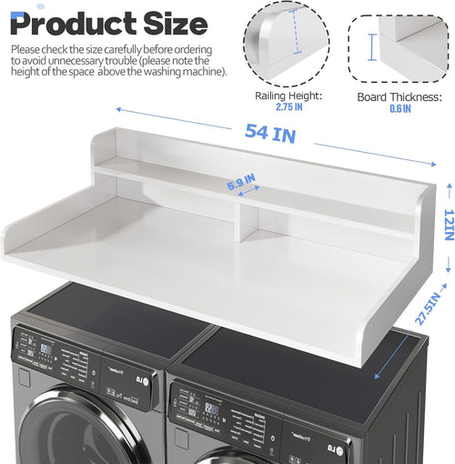2-Tier Washer and Dryer Countertop with 2.75" H Guard,54" W x 27.5" D Laundry Countertop Cover with Non-Slip Pad,Large Space Laundry Topper for Folding Clothes Over Washer and Dryer-White