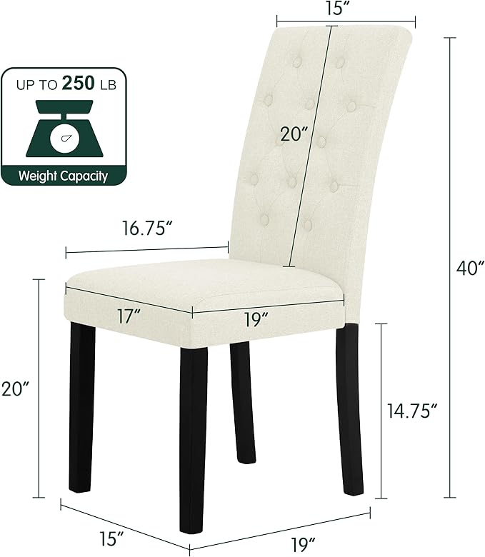 CHUN YI Dining Chairs Set of 6, Button Tufted Upholstered Fabric Dining Room Chairs with Solid Wood Legs, Modern Parsons Chair Side Chair for Kitchen/Restaurant/Hotel, Ivory White