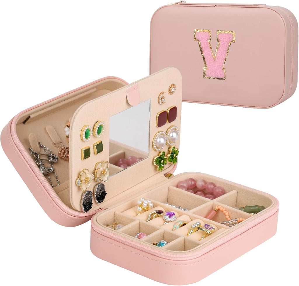 TopPerfekt Travel Jewelry Case, Jewelry Box with Mirror, Jewelry Organizer Bridal Shower Gifts to Her, Earring Storage Travel Case, Trendy Gift for Women and Girls, Girlfriend-Letter V, Pink