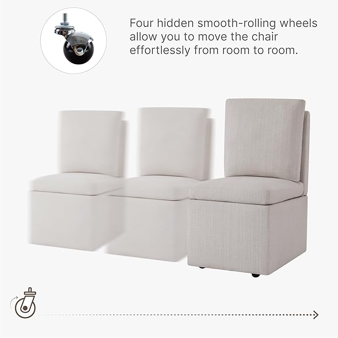 Upholstered Dining Chairs with Casters, Modern Dining Room Chairs Set of 2 with Hidden Storage & 4 Wheels, Single Sofa Chair for Kitchen, Reading Room, Waiting Room, Warm Grey