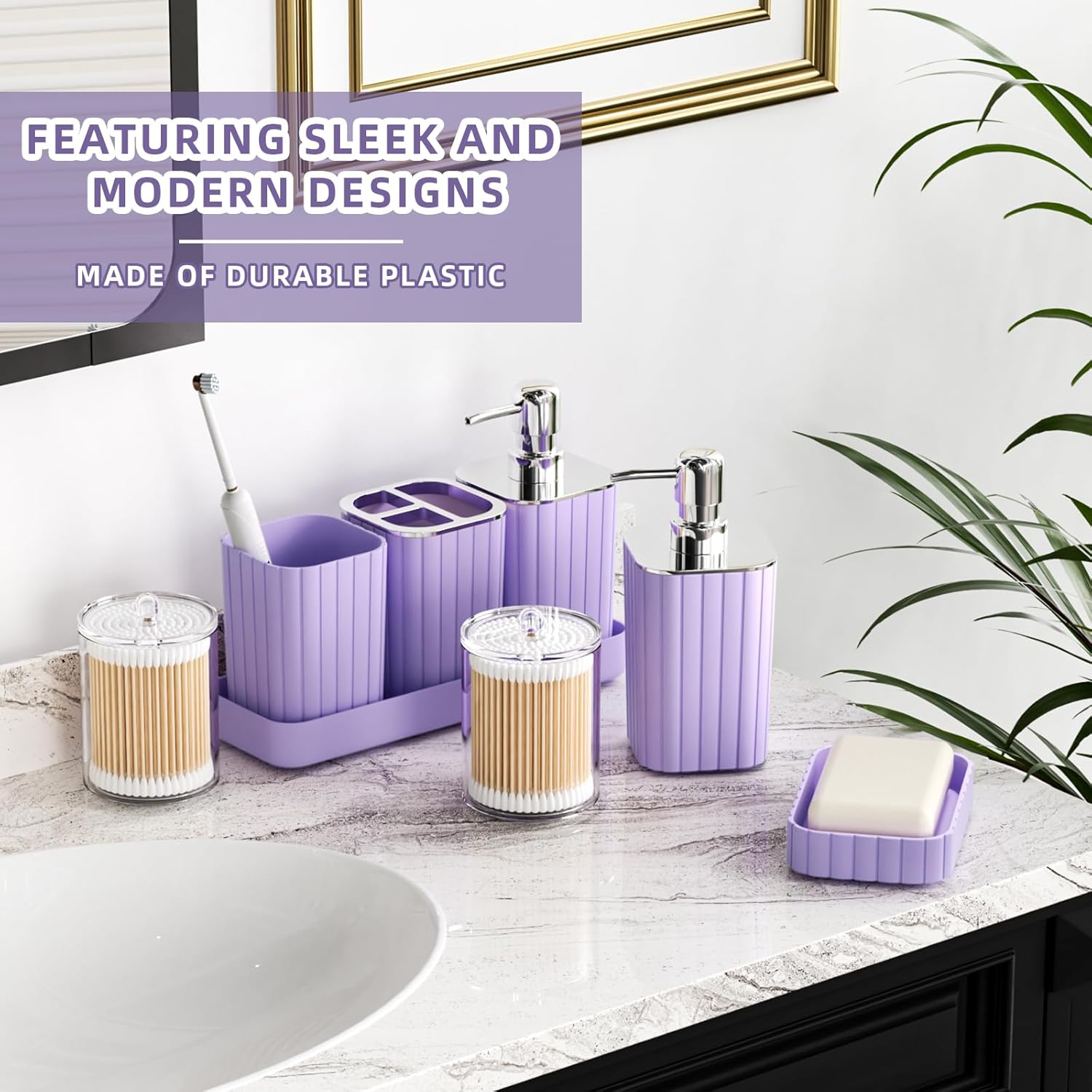Bathroom Accessories Set - 25PC Bathroom Sets with Shower Curtain and Rugs, Purple Bathroom Accessories with Trash Can, Soap Dispenser, Soap Dish & Toilet Brush