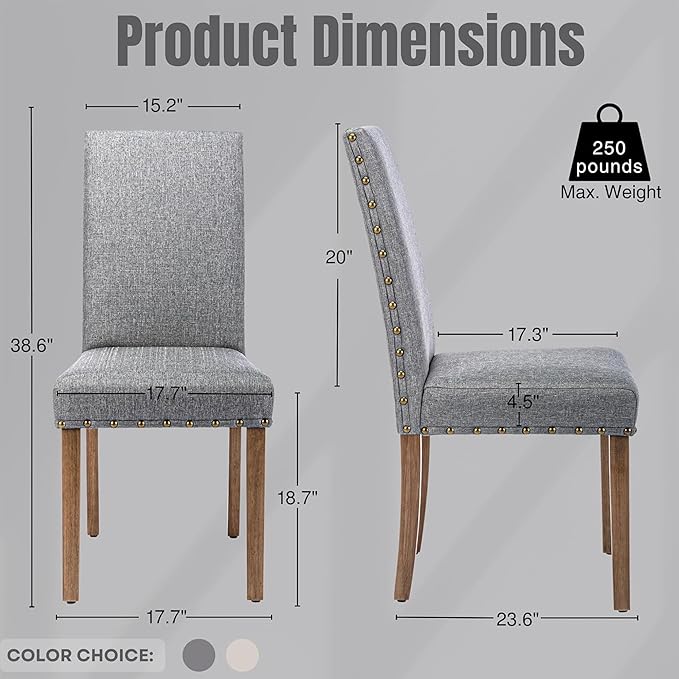 Upholstered Dining Chair Modern Stylish Parsons Kitchen Diner High Back with Bronze Nailhead Trim & Wood Legs, Set of 2, Grey