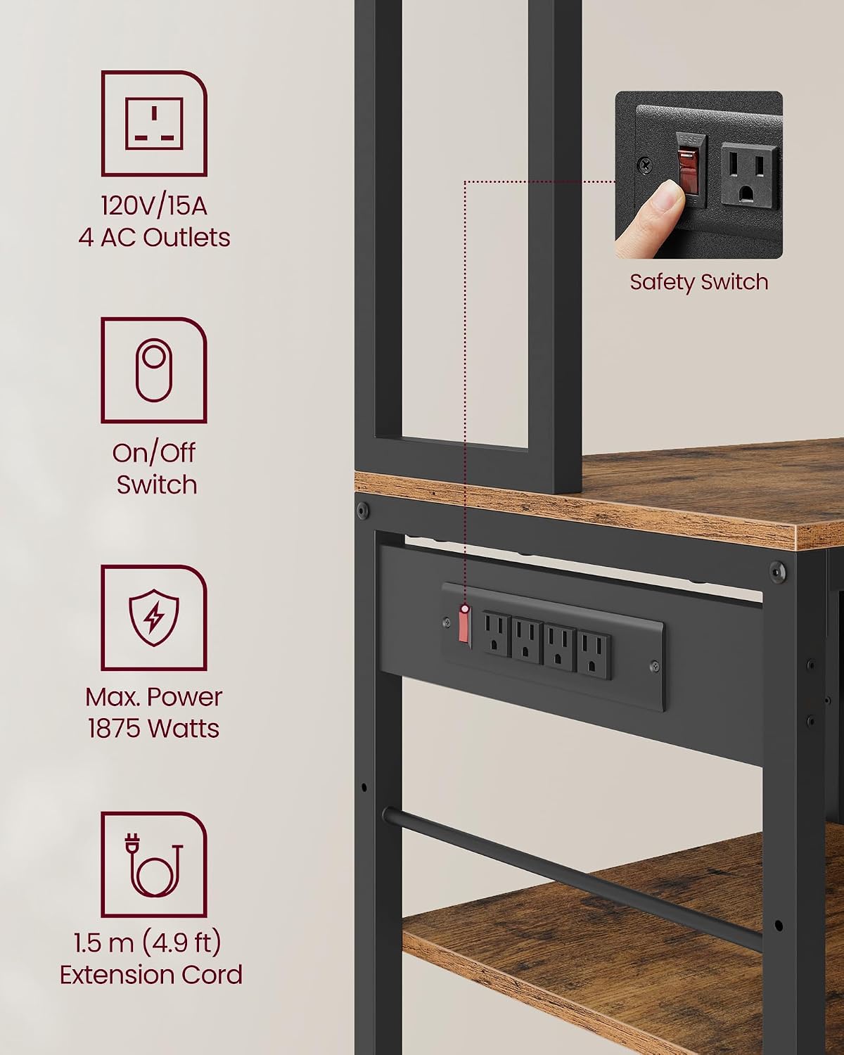 VASAGLE Bakers Rack with Charging Station, Coffee Bar, 15.7 x 31.5 x 71 Inches, Kitchen Microwave Stand, Adjustable Storage Shelves, Fabric Drawer, 12 Hooks, Rustic Brown and Ink Black UKKS015K01