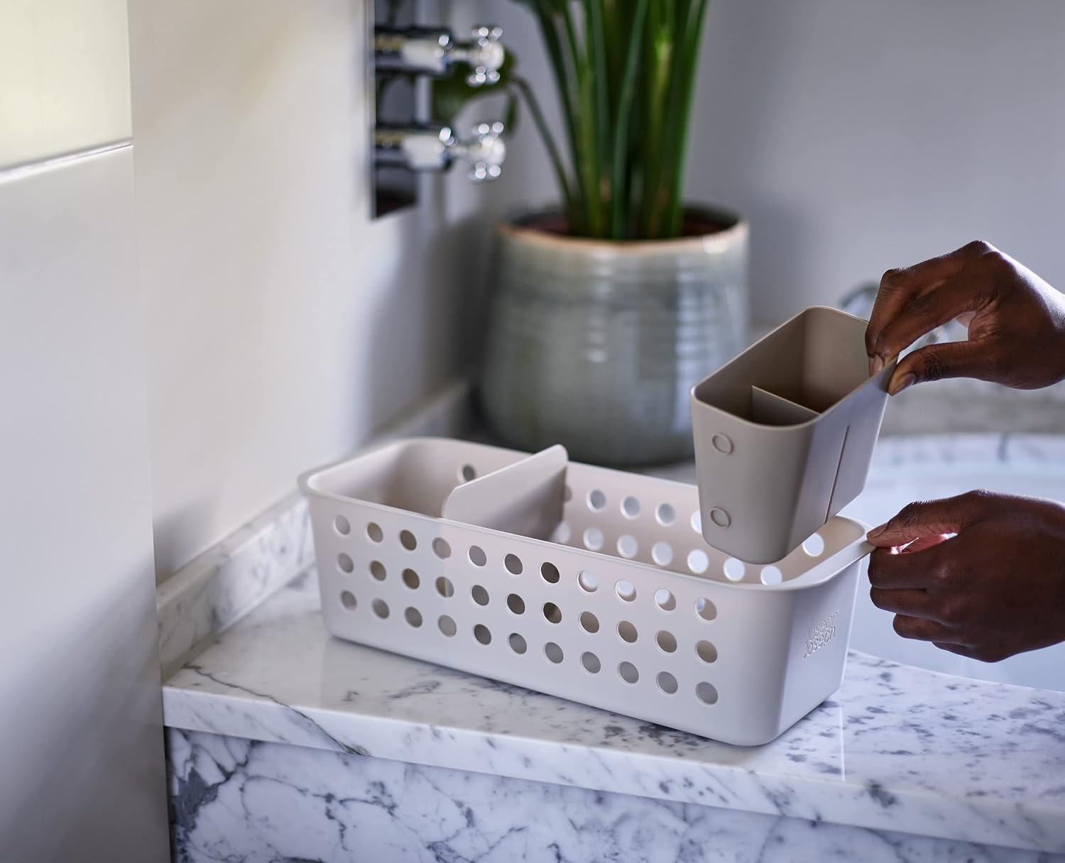 Joseph Joseph EasyStore - Slimline Bathroom essentials Storage Basket Organiser with moveable pot and divider, Ecru (Pack of 2)