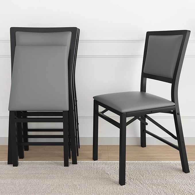 VECELO Folding Chairs Set of 4 with Cushion, Foldable Padded Seats with Heavy Duty Metal Frame for Kitchen/Dining/Living Room, No Assembly & Space Saving Design, Gray & Black