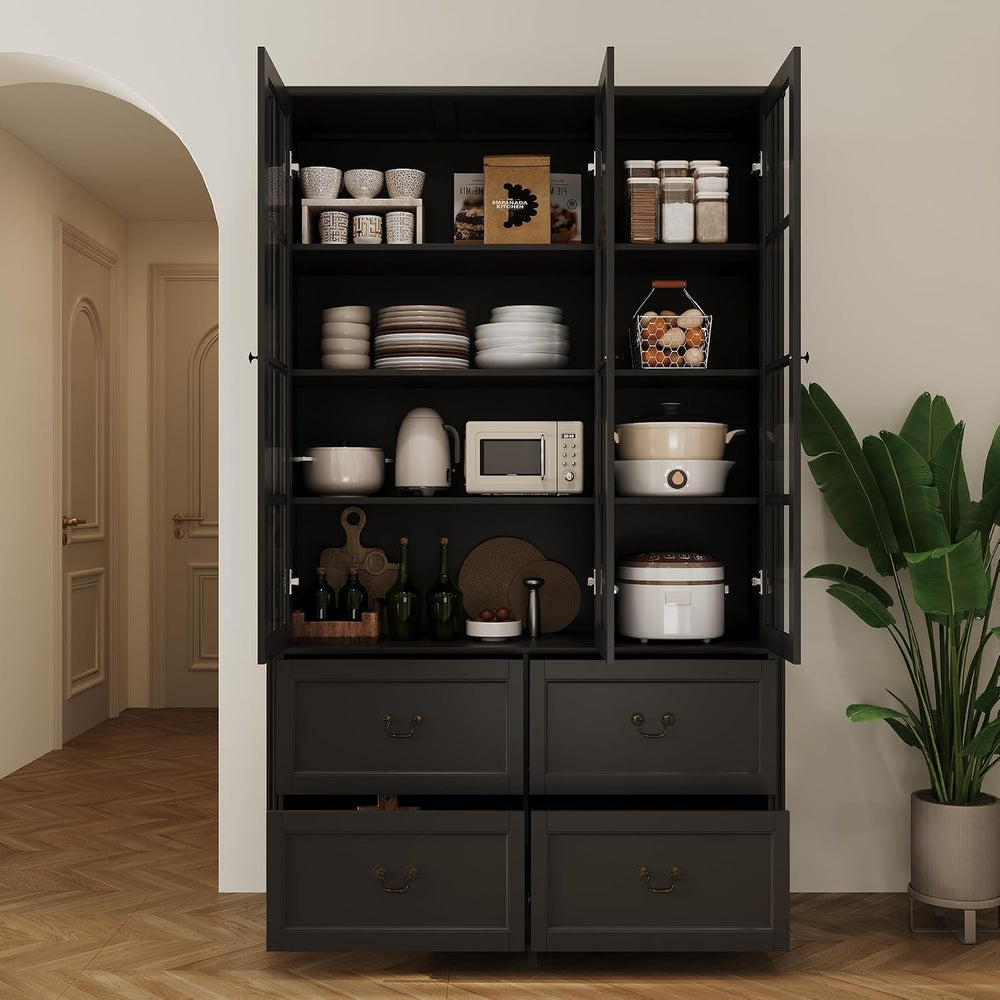 AGOTENI 47.2" W Pantry Cabinet with Glass Doors & 4 Drawers, Wooden ...
