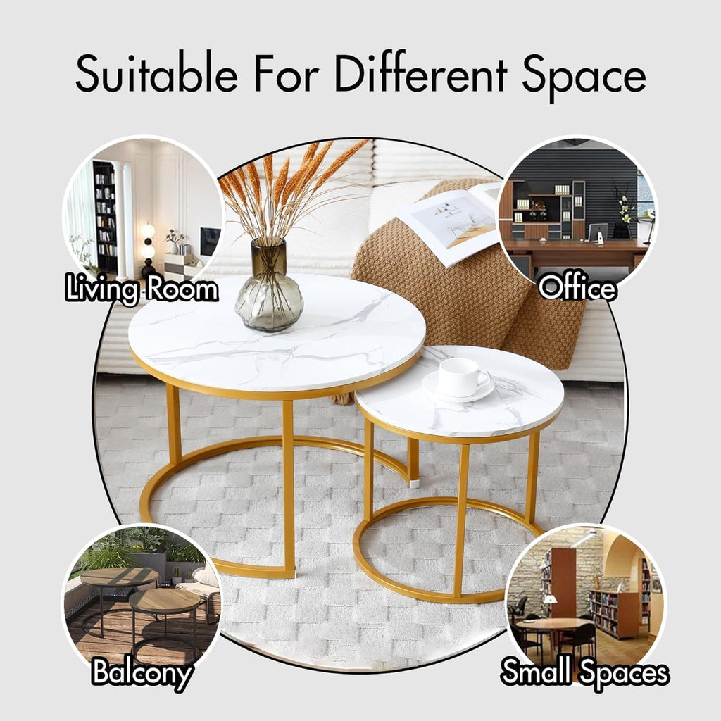 Small Round Nesting Coffee Table Set of 2 for Living Room, Wood Grain Faux Marble Modern Stacking Circle Coffee Table Side Table End Table with Metal Frame for Bedroom （Gold