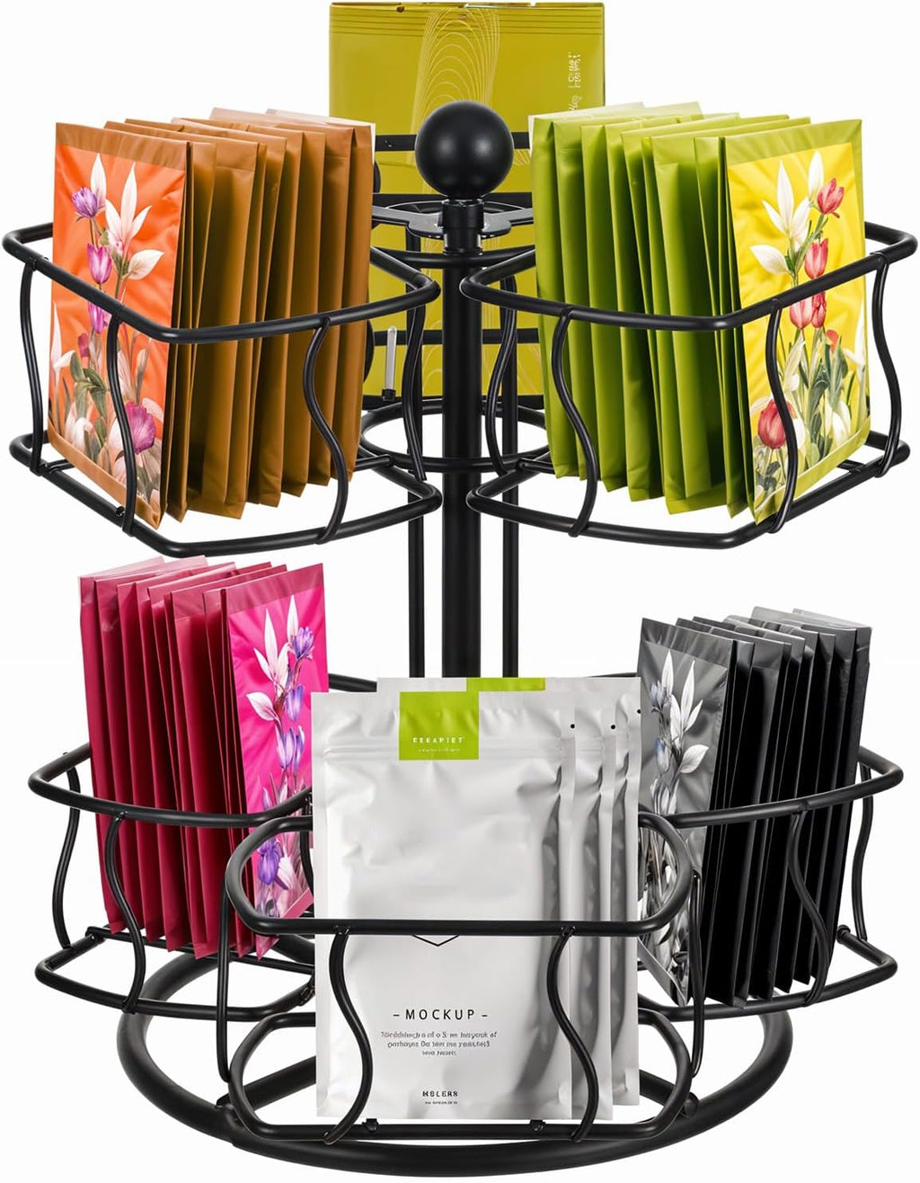 Lemecima Tea Bag Organizer, 360 Degree Tea Spining Carousel with 6 Compartments, Sugar Coffee Creamer Caddy for Kitchen Counter Cabinet , Up to 60 Storage