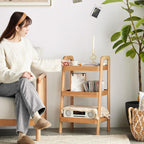 3-Tier Ladder Shelf, Solid Wood Ladder Bookshelf, Mid-Century Modern Leaning Shelves, Oak Wooden Floor Bookcase w/Storage Rack, End Side Table for Living Room Kitchen Bedroom, Natural