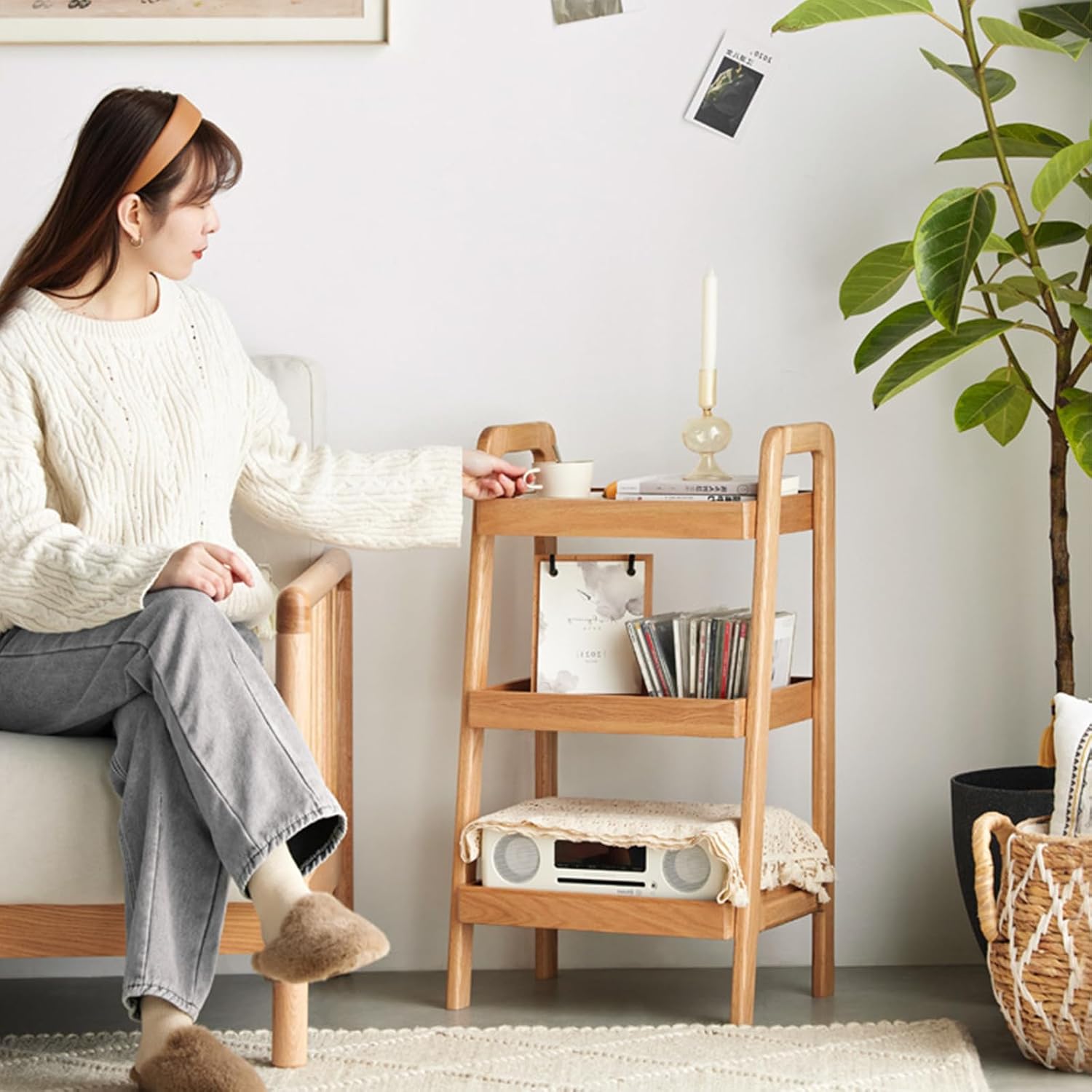 3-Tier Ladder Shelf, Solid Wood Ladder Bookshelf, Mid-Century Modern Leaning Shelves, Oak Wooden Floor Bookcase w/Storage Rack, End Side Table for Living Room Kitchen Bedroom, Natural