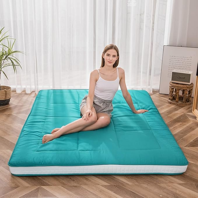 MAXYOYO Futon Mattress, Padded Japanese Floor Mattress Quilted Bed Mattress Topper, Extra Thick Folding Sleeping Pad Breathable Floor Lounger Guest Bed for Camping Couch, Turquoise, Full