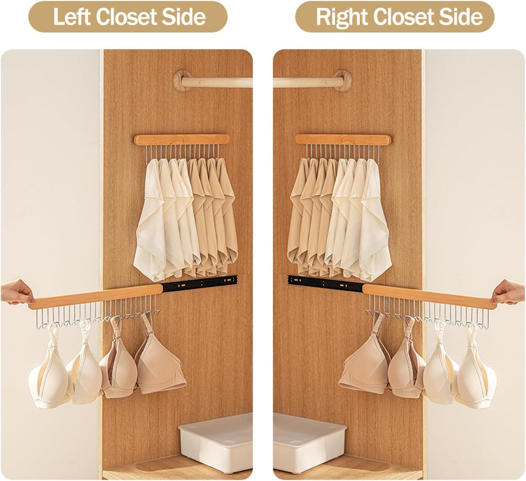 Pull Out Belt Rack for Closet, Sliding Hooks Hanger Rack for Bras Ties Tank Top Scarf Jewelry, Space Saving Organizr for Wardrobe Cabinet, Left Side 8 Hooks Rail, 2 Pcs