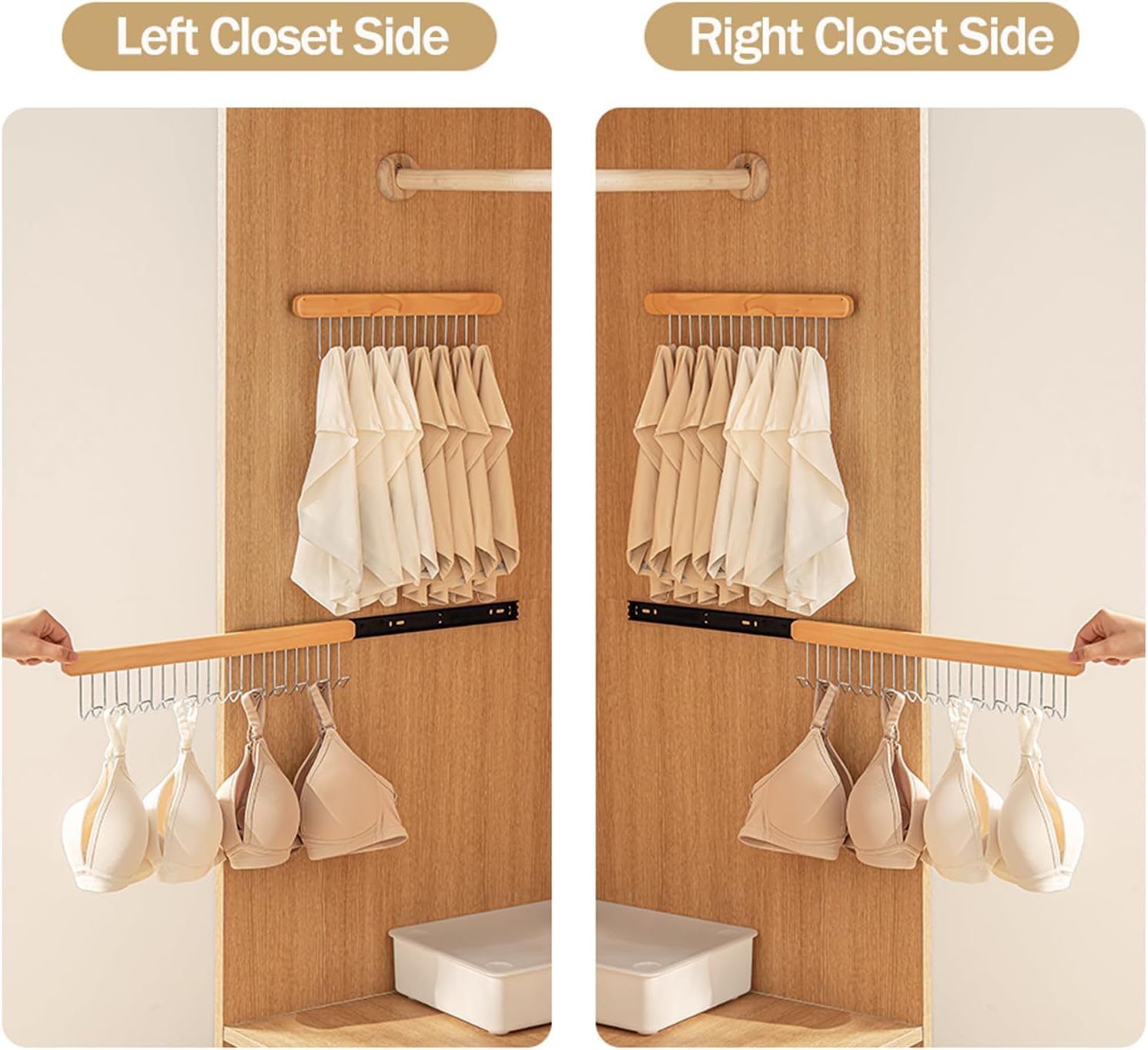 Pull Out Belt Rack for Closet, Sliding Hooks Hanger Rack for Bras Ties Tank Top Scarf Jewelry, Space Saving Organizr for Wardrobe Cabinet, Left Side 8 Hooks Rail, 2 Pcs