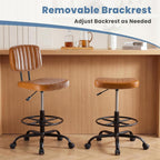 DUMOS Armless Drafting Chair, Low Back Office Seat with Adjustable Footrest Ring for Standing Desk, Ergonomic PU Leather Office Seating, Swivel Rolling High Stool for Studio, Lab, Counter, Brown