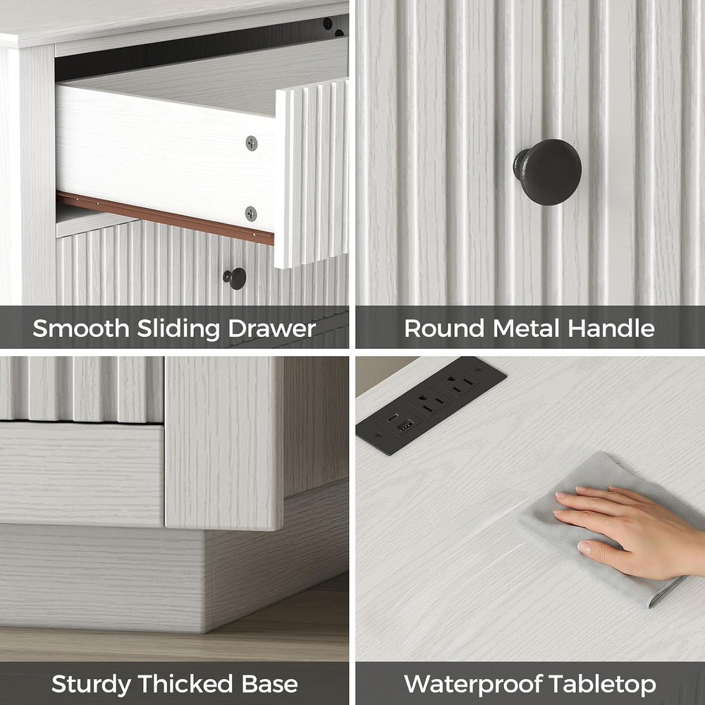 24" Wide Nightstand with Charging Station, Modern Fluted Bedroom Nightst...